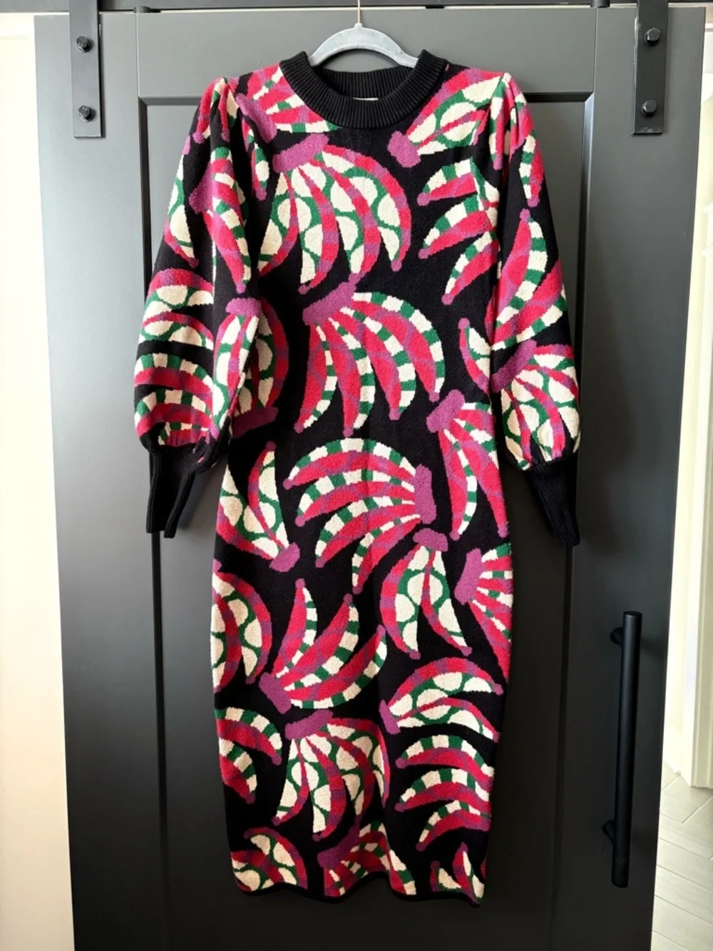 FARM Rio Black Knit Midi Sweater Dress with Pink, Green & Cream Swirls - Picture 4 of 9
